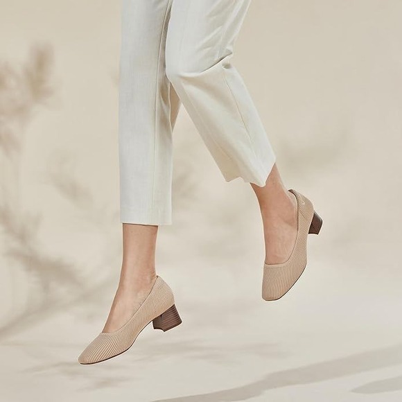 Women\'s Beige Knit Block Heel Pumps main image 9